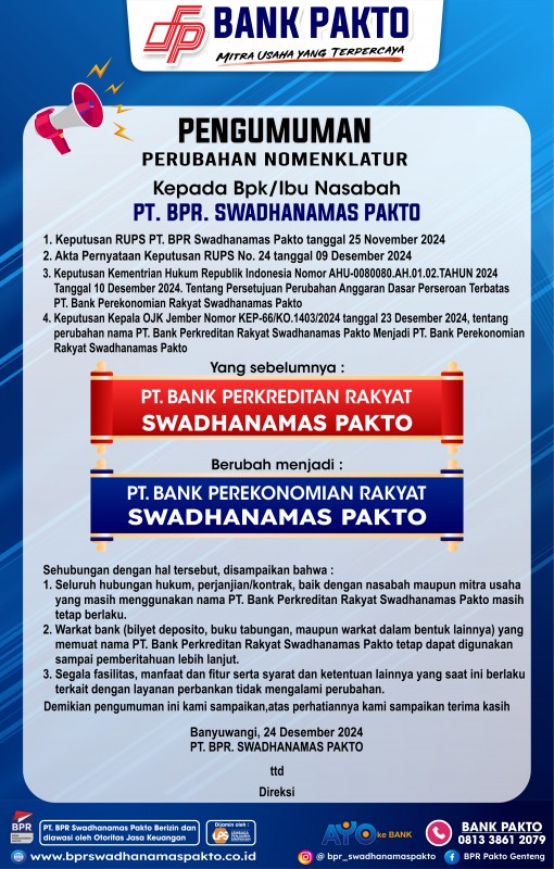 PENGUMUMAN PERUBAHAN NAMA BPR